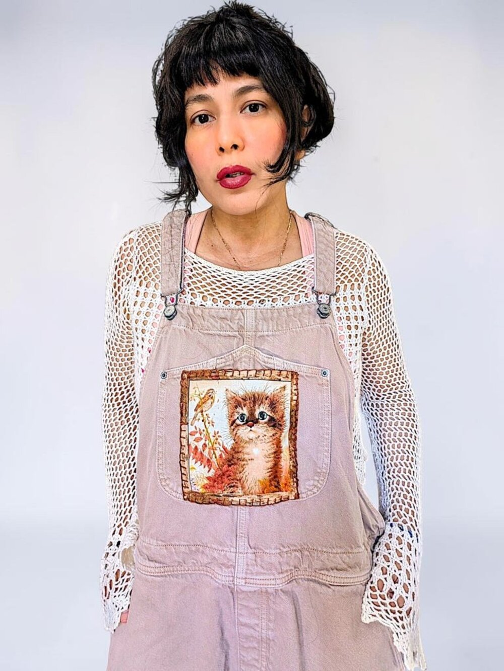 VTG 90s prairie fairy cottage kitten cat brown taupe denim overalls OS unisex - Picture 4 of 9